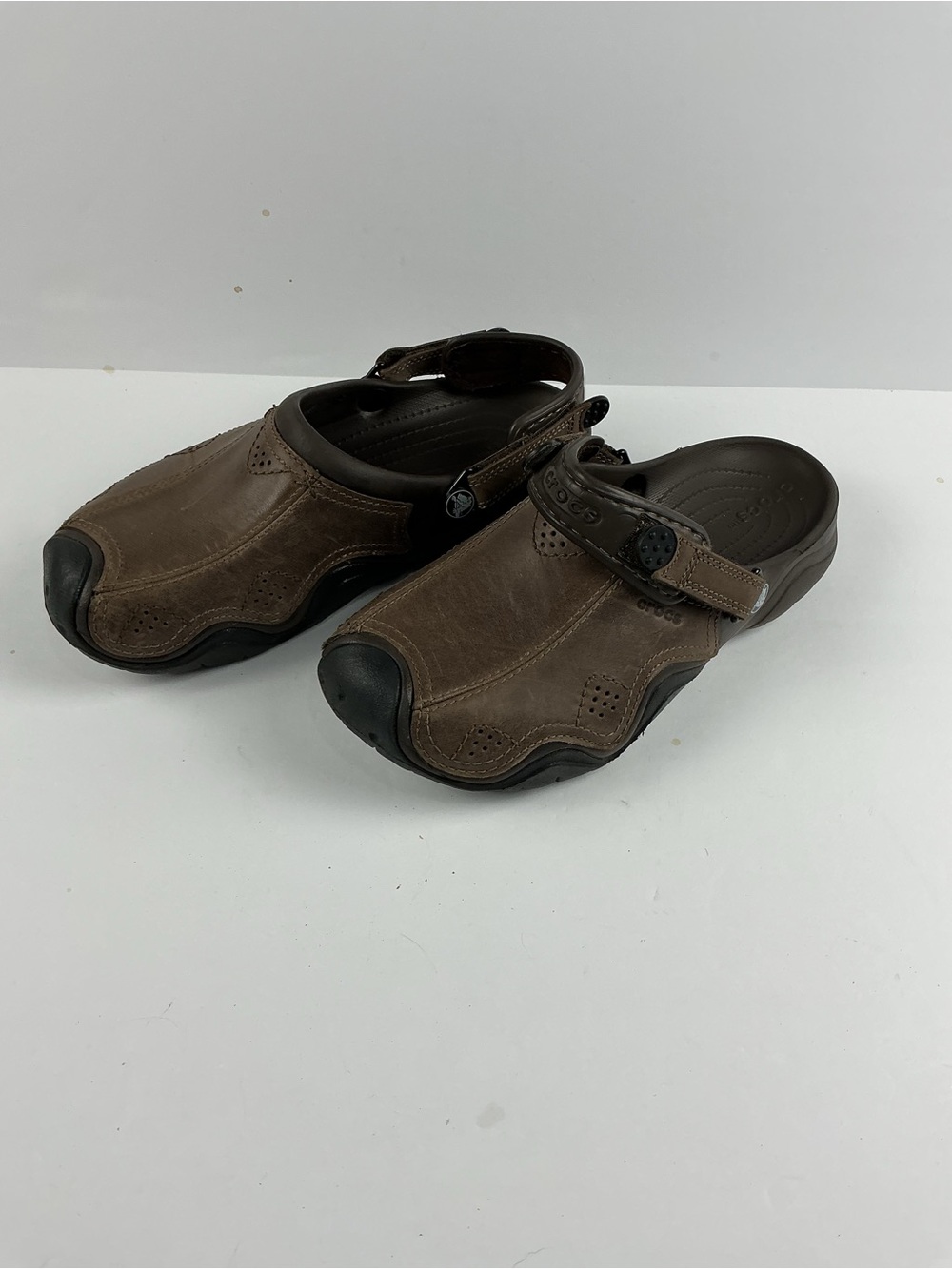 CROCS Brown Leather Backstrap Clogs with Black Toe Guard